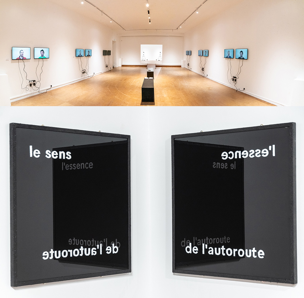 <br><br> 
Fred Guzda & Sébastien Hoëltzener<br><br>
Fred Guzda<br>
Vit et travaille (entre autres) à Tours. Diplômé des Beaux-Arts de Paris. Docteur en esthétique. Chausse du 43.<br>
Aucun matériau, aucune forme, aucun processus ne mérite à mon sens moins d’attention ou d’intérêt qu’un autre. Ni plus. Ce qui (m’)importe c’est ce qu’une œuvre devient lorsqu’elle s’expose, surtout si alors son sens déborde son origine et ses motifs supposés. Ainsi mon travail s’efforce de mesurer la distance entre les œuvres et les discours ou récits qui s’y rapportent, en particulier ceux que l’artiste produit ou qu’on lui attribue. Loin de voir dans cette distance un préjudice, elles font l’hypothèse d’une altérité fondamentale propre au phénomène artistique, qui impose un élargissement de la figure de l’artiste et du concept d’auteur eux-mêmes.<br>
Expositions (sélection) : <br>
• Six, avec Arnaud Vasseux, Xavier Geneau, Catherine Melin, Centre Noroît, Arras, 1995. 
<br>
• Collaboration à Neurone et Bonne Nouvelle, dispositifs artistiques en ligne de Bruno Saulay, 2003. 
<br>
• Prolégomènes à toute œuvre future, 1, OÙ Lieu d’exposition pour l’art actuel, Marseille, 2008.
<br>
• Une investigation soigneuse des opacités du signifiant (livre d’artiste), collection Poïein (volume 86), 2010.
<br>
• Acuité visuelle, L’identité remarquable, Orléans, 2011.
<br>
• Le Chef-d'œuvre inconnu, présenté dans le cadre de l'exposition collective En Projets, commissariat Norbert Godon, Espace Khiasma, Les Lilas, 2011.
<br>
• Artiste ⇔ Œuvre ⇔ Exposition, commissariat Jérôme Diacre, Eternal Gallery, Octroi Nord-Est, Tours, 3 septembre - 4 octobre 2020. 
<br>
• Lv 19, 28 + Rien ni personne, présentés à l’occasion des Portes Ouvertes des Ateliers d’Artistes, octobre 2020, Montreuil, à l’invitation de Frédéric Prat.
<br>
• Le Fantôme d’Orozco, présenté dans le cadre de Rad’art, à l’invitation de Franck Gourdien, Port-Louis, septembre 2021.
<br>
• Rien à Voir #0, exposition collective présentée à l’occasion des Portes Ouvertes des Ateliers d’Artistes, Montreuil, octobre 2021.
• Des ans ont mon tout mais si moi je suis il vu du sol une chose en soi est elle même, avec Nico Nu et Véronique Mullier à l’Étoile bleue, Tours, 13-16 décembre 2021.
<br>
• Faire (et) Voir, avec Sébastien Hoëltzener, Galerie du collège Marcel Duchamp, Châteauroux, oct-nov 2022.
<br>
<br>
Sébastien Hoëltzener<br>
Vit et travaille (entre autres) à Saint-Pierre-des-Corps. <br>
Jeunesse faite de déplacements, surtout en Outre-mer (Martinique, Guyane). Écoles d'art : Reims, Fort-de-France, Tours. Fixation en Région Centre Val-de-Loire. <br>
En 2006, résidence <em>À partir de trois c'est la foule</em>, avec Nicols Royer, Xavier Drong, au Centre d'art de Pougues-les-Eaux, suivi d'autres expériences d'expositions avec ce centre d'art (2007, 2009). Galeriste, pour montrer des artistes : Identité Remarquable, à Orléans (2009-2015) ; Artboretum, lieu d'art contemporain à Argenton-sur-Creuse (avec Jacques Victor Giraud, 2010-2011). Réalisation d'une sculpture monumentale à Saint-Paterne-Racan (sur le parc de stationnement de l'entreprise ASP technologies, en 2008, par le biais de l'association Mode d'Emploi). <br>
Avec Pierre Feller, soutenu par la DRAC Centre pour <em>Cher Thésée</em>, un parcours de sculptures dans les vestiges Romains des Mazelles, à Thésée-sur-Cher (2014) puis l'exposition <em>Les Pièges</em> (Artboretum, Argenton-sur-Creuse, 2015) soutenue par la Région Centre . <br>
Avec Fred Guzda, réalisation de <em>Faire (et) Voir</em>, travail soutenu par la DRAC et la Région Centre Val-de-Loire, élaboré en résidence à l'Antre-peaux de Bourges et montré à la galerie Marcel Duchamp de l'EMBAC, Châteauroux (2022), puis à la chapelle Sainte Anne, à La Riche (2023).
<br>Mon travail réfère à la sculpture et au jardin en tant que j’utilise la plupart du temps l’espace du lieu pour y disposer des éléments, parmi lesquels on se promène. Les différentes installations, en s’accordant au lieu dans la mesure du possible, sont des adaptations à ce qui est déjà-là, en vue de mieux le montrer. Ceci, pour moi au moins, soulève des questions par redondance à l'égard de ce que je donne à percevoir, du fait des moyens employés. Autre particularité de mon travail, qui peut se rattacher peut-être à la première citée ; je réfléchis, élabore et fabrique la plupart du temps (sans que ce soit systématique) avec quelqu’un d’autre : en duo. C’est une façon de privilégier et de montrer le dialogue comme une forme pouvant produire d’autres formes. Le dialogue surtout est un moment qui informe la langue, qui la produit. Tout le travail que je fais est en fait une question posée sur les moyens de l’expression, au sens d’une recherche des limites, physiques ou plastiques, entre ce qui peut et ce qui ne peut pas se rendre signifiant à l’Autre. <br>
<br>
Pendant la résidence<br>
<br>
Début 2022, Sébastien Hoëltzener et Fred Guzda ont passé quelques semaines en résidence à l’Antre-Peaux (Bourges) pour réaliser une série d’entretiens filmés. Chacun interrogeait l’autre sur divers sujets relatifs à une œuvre choisie par ce dernier pour l’occasion. Sept sujets, sept vidéos pour chacun, présentées sur autant d’écrans doubles. L’ensemble a été monté et a donné lieu à deux expositions successives, intitulées <em>Faire (et) Voir</em> : à la Galerie du Collège Marcel Duchamp (Châteauroux, oct-nov. 2022) et à la Chapelle Sainte-Anne (La Riche, février 2023). <br>
Ces conversations majoritairement improvisées ont été retranscrites, telles quelles ou presque, dans deux livrets (questions de SH à FG, questions de FG à SH), dont nous voulons désormais, en y joignant plusieurs textes supplémentaires, commandés auprès d’amis, faire la matière d’une édition autonome. Cette résidence ⌘+P sera consacrée à un travail de recherche, à la fois textuelle et graphique, destiné à concevoir et préparer la réalisation d’un nouveau volume.<br>
Le tout de l’ouvrage à plusieurs voix traitera de l’œuvre (réactualisée, en dehors de toute image non textuelle) par l’écart, avec une mise en forme dont nous rechercherons l'adéquation.<br>
<em>Faire et voir</em> (le livre) multipliant les points de vue, proposera plusieurs niveaux de lecture susceptibles à leur tour d'être commentés.

<br>